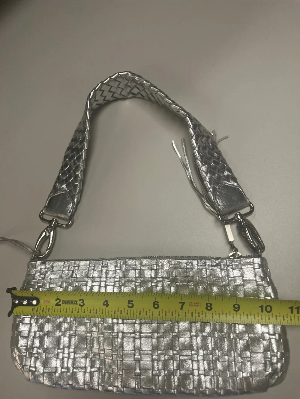 Elliott Lucca Silver Woven Metallic Clutch wTassel Removable Strap